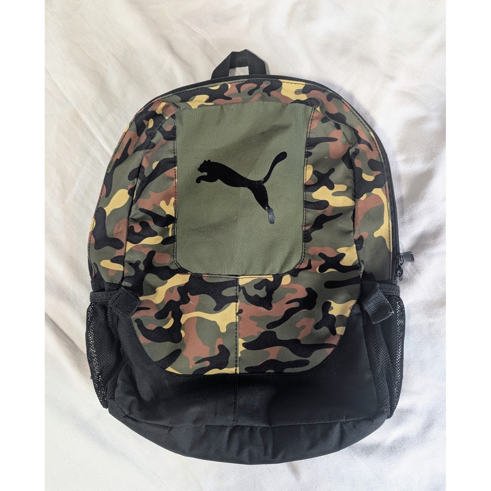 PUMA Backpack Camo Woodland Green Black Cat Logo School Gym Travel Daypack Bag